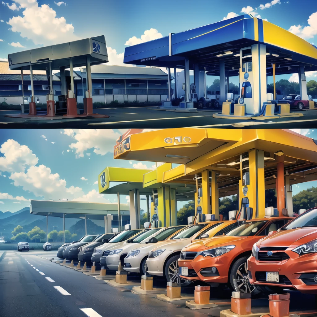 (gas station:1.5),road ,(รถวิ่งบนนroad:1.6) capital landscape:1.5 ,(Many cars:1.5)