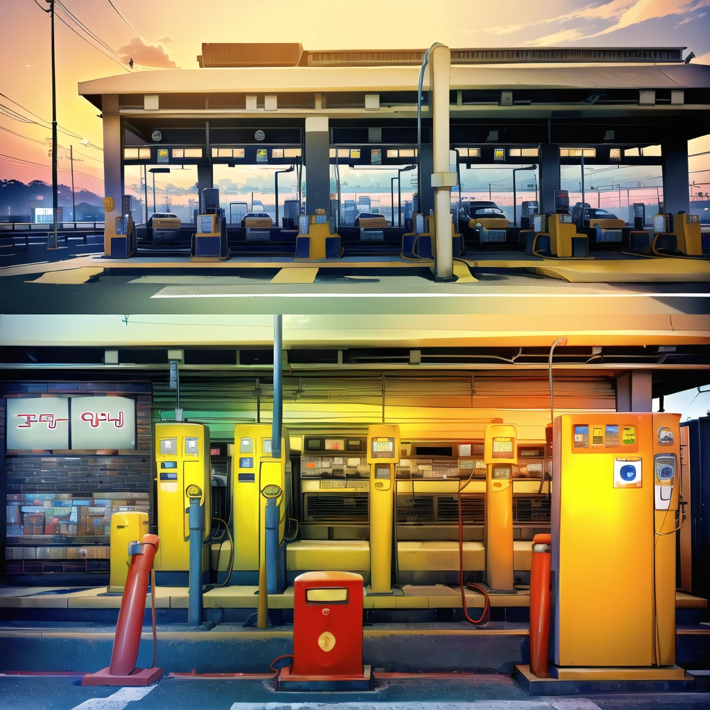 (gas station:1.5),road ,(รถวิ่งบนนroad:1.6) capital landscape:1.5 ,(Many cars:1.5)