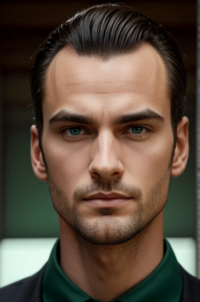 Tall Man, with wide shoulders and square back, the hair is dark but not black combed back, green eyes, between emerald and dark. The face with a square chin, well defined and the thin nose on top ends in a point and in profile it is upturned, wide forehead with receding hairline for a man of his age, straight eyebrows with a small corner near the end and heart-shaped lips at the top, little ones, thick and stuffed