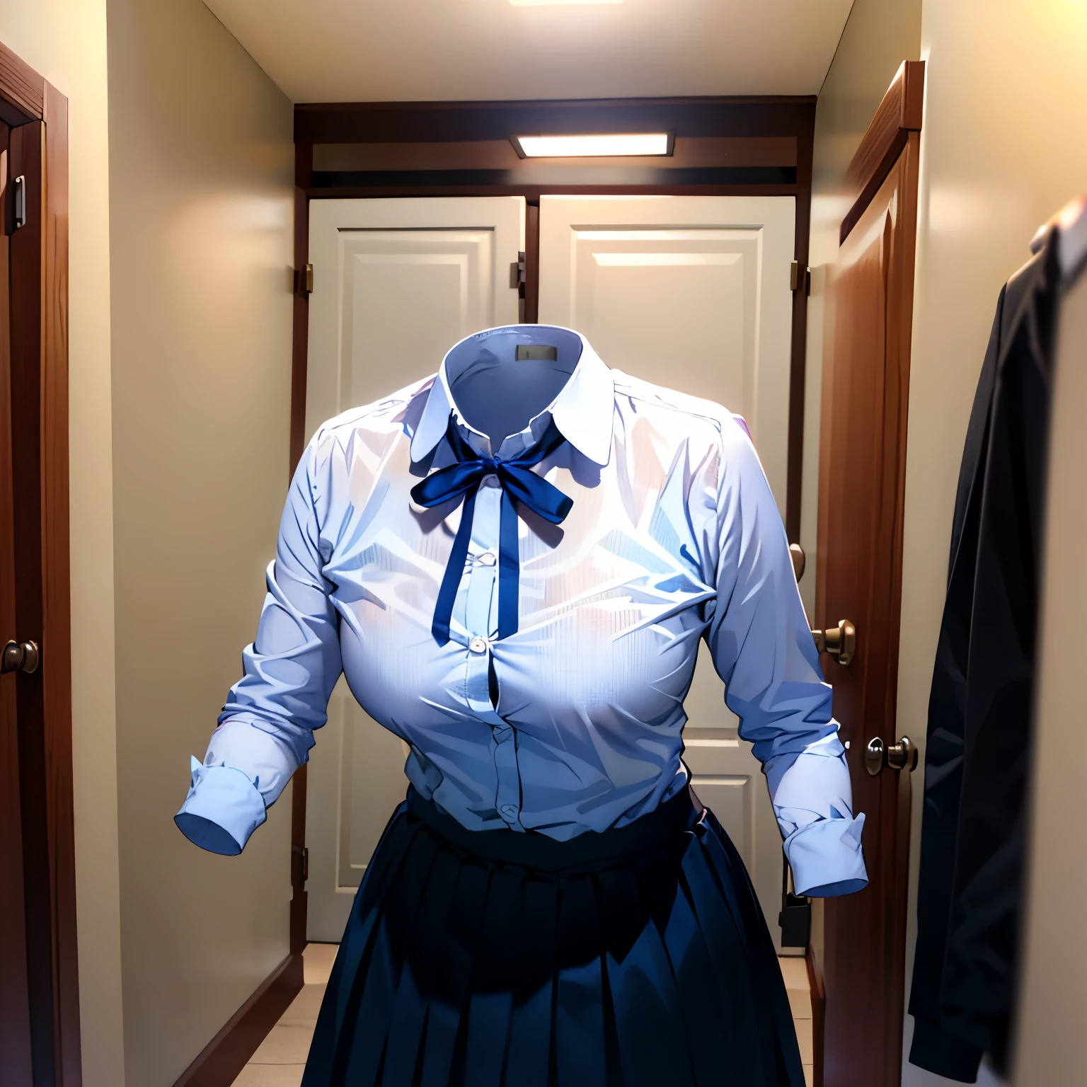 school blouse, skirt, ribbon on the neck, in closet, leaning forward, (invisible, no humans, headless, faceless:1.5), cute big breast, absurdres, highres, ultra detail, close view