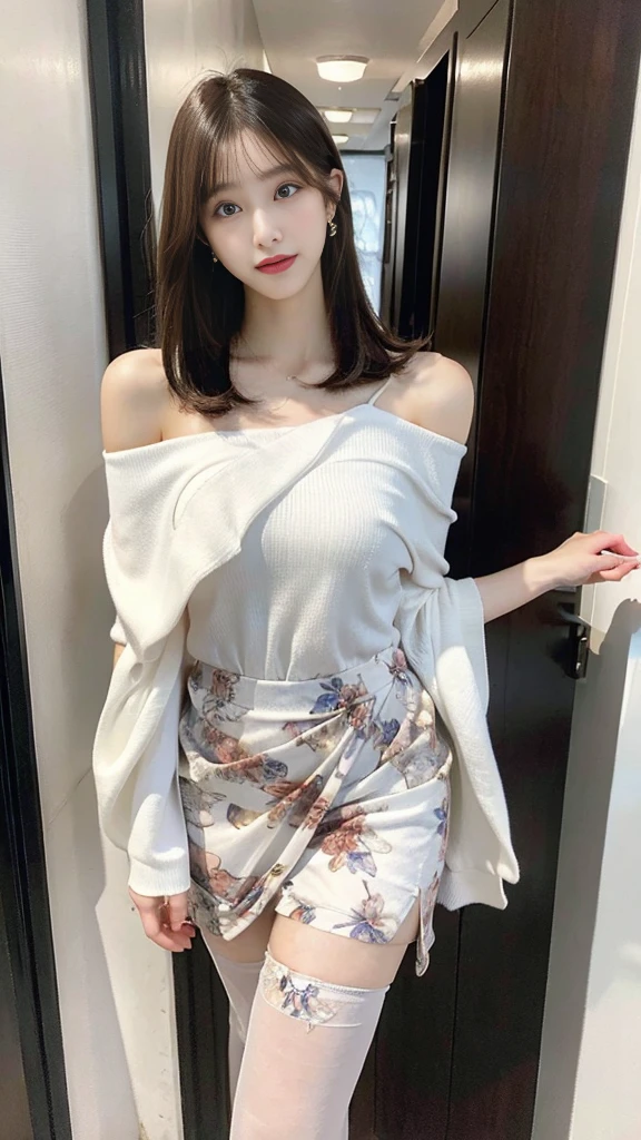 ultra - detailed、tmasterpiece、top-quality、超A high resolution、8K、high-level image quality、Live action、Photogenic clarity、A detailed eye、gradients、perfect anatomy body proportions ,Hard disk、nffsw , Nikon Z9 80mm lens 、masutepiece、Beautiful Female Teacher, Skirt and thighs、20yr old、Take a walk in the hallway、((Off-shoulder white dress with floral print)), Young and beautiful girl, perfect body type, perfect body type, full pov, Perfect body, (Starting below:1.3), (sexypose),(A smile)(Wear pantyhose,Realistic Pantyhose)、(Beautiful breasts:1.0), long sexy legs, (Thigh gap:1.5), Pretty Korean girl, Kpop Idol,(pale skin), (Big eyes)、super detailing, realistic skin textures, Detail Make, Beautiful detail eyes, Makeup - Makeup、Sparkling eyes、shiny lip、high-heels、(Officelady),(The skyscraper outside the window is hazy),((erection)),Huge breasts
