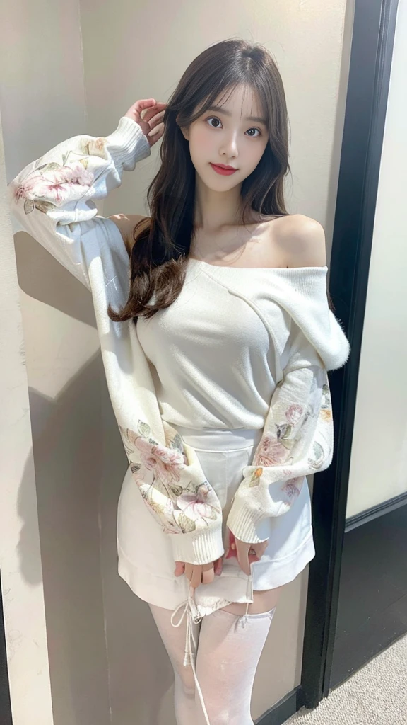 ultra - detailed、tmasterpiece、top-quality、超A high resolution、8K、high-level image quality、Live action、Photogenic clarity、A detailed eye、gradients、perfect anatomy body proportions ,Hard disk、nffsw , Nikon Z9 80mm lens 、masutepiece、Beautiful Female Teacher, Skirt and thighs、20yr old、Take a walk in the hallway、((Off-shoulder white dress with floral print)), Young and beautiful girl, perfect body type, perfect body type, full pov, Perfect body, (Starting below:1.3), (sexypose),(A smile)(Wear pantyhose,Realistic Pantyhose)、(Beautiful breasts:1.0), long sexy legs, (Thigh gap:1.5), Pretty Korean girl, Kpop Idol,(pale skin), (Big eyes)、super detailing, realistic skin textures, Detail Make, Beautiful detail eyes, Makeup - Makeup、Sparkling eyes、shiny lip、high-heels、(Officelady),(The skyscraper outside the window is hazy),((erection)),Huge breasts
