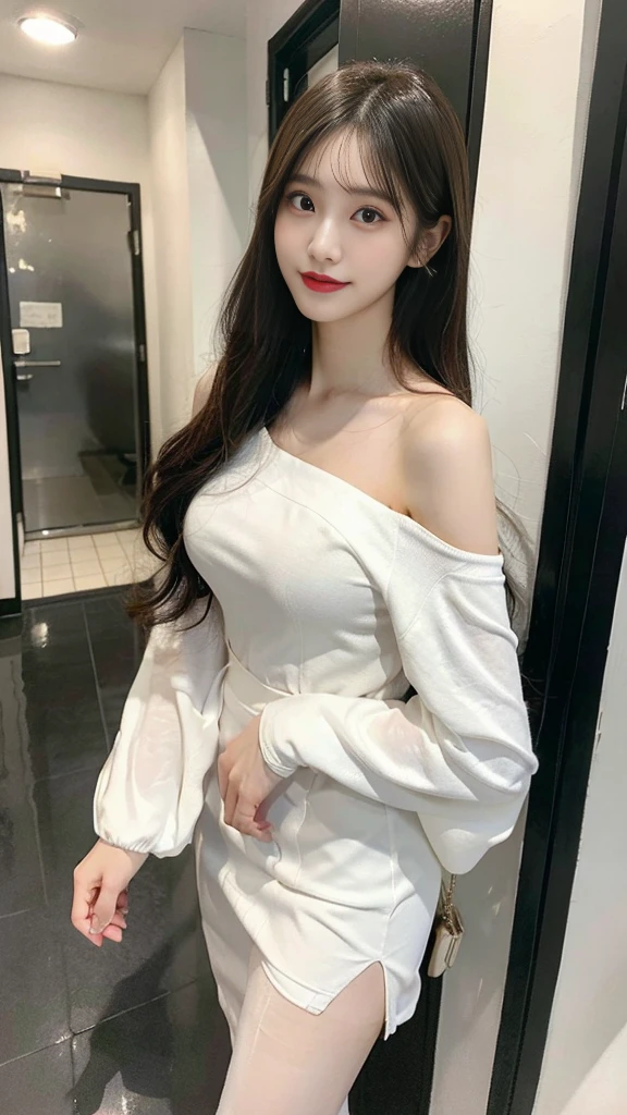 ultra - detailed、tmasterpiece、top-quality、超A high resolution、8K、high-level image quality、Live action、Photogenic clarity、A detailed eye、gradients、perfect ??????? body proportions ,Hard disk、nffsw , Nikon Z9 80mm lens 、masutepiece、Beautiful Female Teacher, Skirt and thighs、20yr old、Take a walk in the hallway、((Off-shoulder white dress with floral print)), Young and beautiful girl， perfect body type， perfect body type， full pov， Perfect body， （Starting below：1.3）， (sexypose)，(A smile)(Wear pantyhose,Realistic Pantyhose)、（Beautiful breasts：1.0）， long sexy legs， （Thigh gap：1.5）, Pretty Korean girl, Kpop Idol，(pale skin), (Big eyes)、super detailing, realistic skin textures, Detail Make, Beautiful detail eyes, Makeup - Makeup、Sparkling eyes、shiny lip、high-heels、(Officelady),(The skyscraper outside the window is hazy),((erection))，Huge breasts