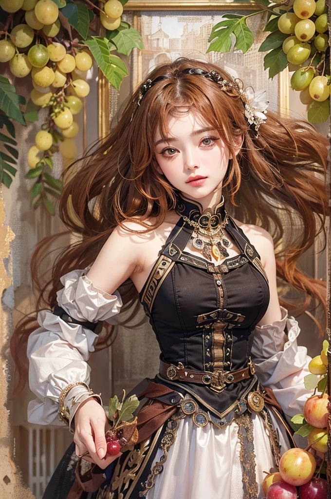 (masterpiece:1.3), (8K, Realistic, RAW Photos, Best image quality: 1.4)、 age,(Random Hairstyles:1.2)、Cleavage:1.2、Highly detailed face、Attention to detail、double eyelid、Chest to chest、Sharp focus:1.2、Beautiful woman:1.4、Redhead、Highest quality、masterpiece、Ultra-high resolution、(Realistic:1.4)、Highly detailed and professionally lit smiles、Loose fitting steampunk outfit、Shoulder out、Holding grapes in hand