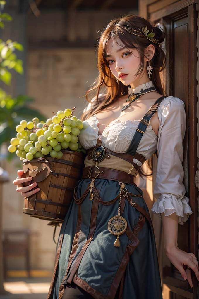 (masterpiece:1.3), (8K, Realistic, RAW Photos, Best image quality: 1.,(Random Hairstyles:1.2)、Cleavagghly detailed face、Attention to detail、double eyelid、Chest to chest、Sharp focus:1.2、Beautiful woman:1.4、Redhead、Highest quality、masterpiece、Ultra-high resolution、(Realistic:1.4)、Highly detailed and professionally lit smiles、Loose fitting steampunk outfit、Shoulder out、Holding grapes in hand