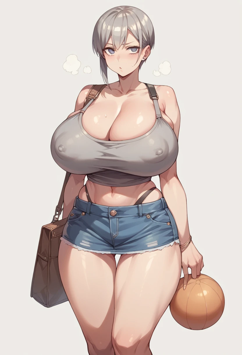 Mini short jeans skirt, grey seamless cami top with shoulder straps, size small, Huge , Erect ns, explly bottom, Scrawny:1.7, cleavage, Exposed Tg breasts, ball breasts,