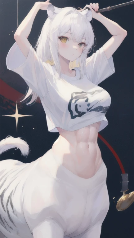 (best quality, masterpiece), 1 girl, centaur, It takes, White skin, Korean , Abs,Athletic Competition,exposing the abdomen,belly button t-shirt, 아름다운 소녀 perfect white tiger photo, perfect white tiger photo