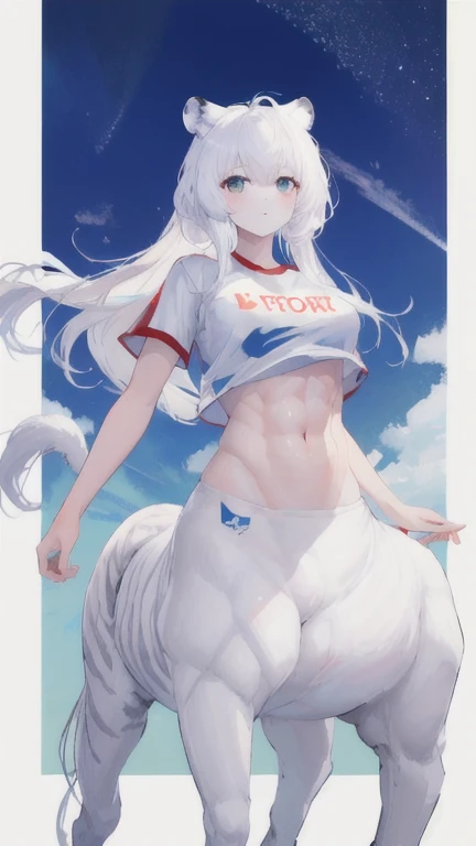 (best quality, masterpiece), 1 girl, centaur, It takes, White skin, Korean , Abs,Athletic Competition,exposing the abdomen,belly button t-shirt, 아름다운 소녀 perfect white tiger photo, perfect white tiger photo