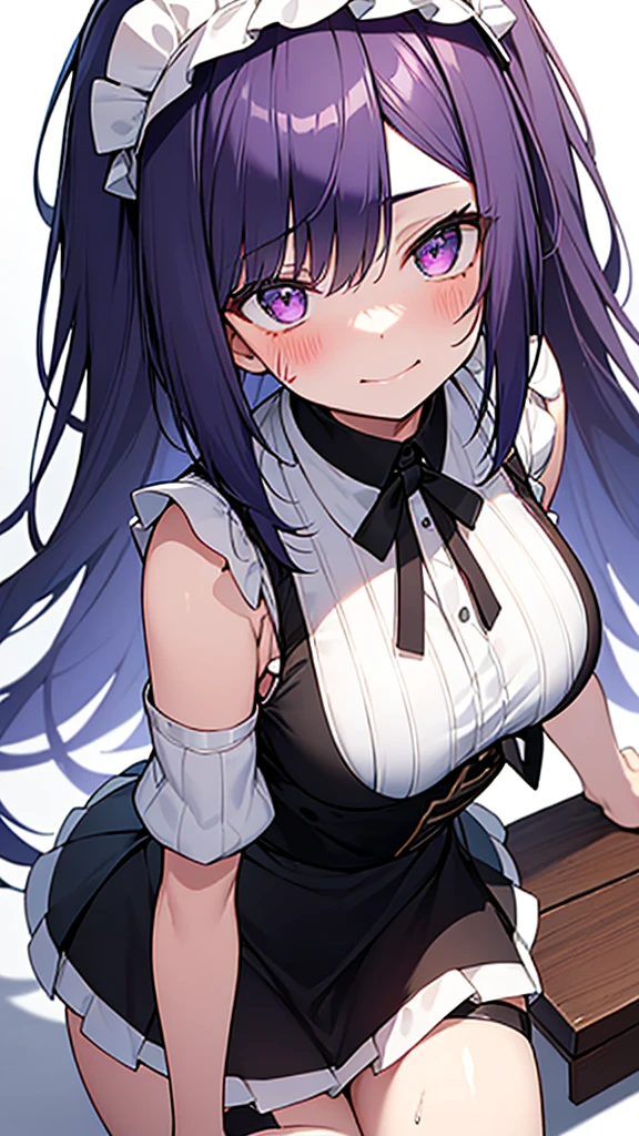 最high quality, high quality, Super detailed, 32k, Ultra-detailed details, 2 girls, With maid(only, The cute face of my little sister that I stole from her, beautiful purple hair, Beautiful purple eyes, Big Breasts, A light smile, Red eyes, Off-the-shoulder sleeveless Summer clothes, Summer casual maid clothes, Short skirt, Blue and white color striped underwear, Black knee socks, My crotch is wet with love juice, 18-year-old,cute), Sister with her face peeled off(only, , A grotesque face with the skin peeled off, Facial muscles are fully exposed, Chest is medium, , Lady), {{The maid had a terrible burn on her face and was lamenting it when her master's sister used her power to rip the face off and stick it onto the maid's face, taking on the sister's face.、The maid is happy and the sister is dead}}, The maid is a mature cute face and the sister has no face. The maid is standing., My sister sits in a chair, NSFW