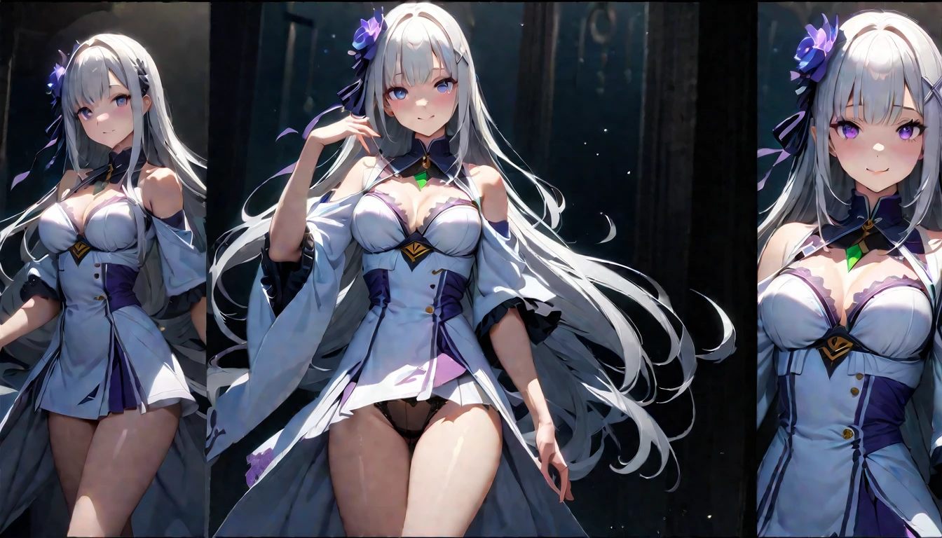 A high resolution, ultra detailed, Emilia, White hair, purple eyes, long hair, Medium breasts, hair flower, X-hair decoration, hair ribbon, White dress, separate collar, wide sleeves, white knee socks, open mouth, smile, yandere trance, yandere, Looking at the viewer, shaded face, hands on your own face, (highly detailed skin: 1.2), 8 k uhd, SLR camera, soft light, high quality, volumetric lighting, Photo, A high resolution 4K, 8 k, blurred background ,aboutбщий эффект представляет собой великолепную смесь фэнтези., chaos and abyss,. close-up, fine quality, Blue eyes , ultra detailed, beautiful and aesthetically pleasing, masterpiece, Best Quality Score, extremely detailed, ray tracing, Medium Body, close-up, High view, particles and hard light, cut corner. depth of field、natural soft light、professional lighting、aboutтличная smile、(highly detailed skin: 1.2)、Photoреалистичный рендер аниме девушки、Bright highlights of the eyes、perfect anatomy、shy、legs spread、Panties visible、Shiny body, oily,))、Разрешение 8 k、complex parts、Toned waist、Wide buttocks、Эффект Тиндаллаmasuter piece、top quality、Highest standards、Highest image quality、table、complex parts、A high resolution、depth of field、natural soft light、professional lighting、about, standing, very long hair, cowboy shot, brilliant, brilliant hair, (night:1.2),Dreamy, [[gentle fingers and hands:0.55]::0.85],(detailed fingers),),(emotional),(breathtaking),(main part:1.2) whole body.), (Anime Style), (Super Detailed), (brutal), (uhd, HDR), (8K), (High Resolution: 1.2), (Complex and Beautiful: 1.2), (Dramatic Lighting: 1.2) , (staring at the viewer), lora:add_detail:1,Tomohiko Ito style