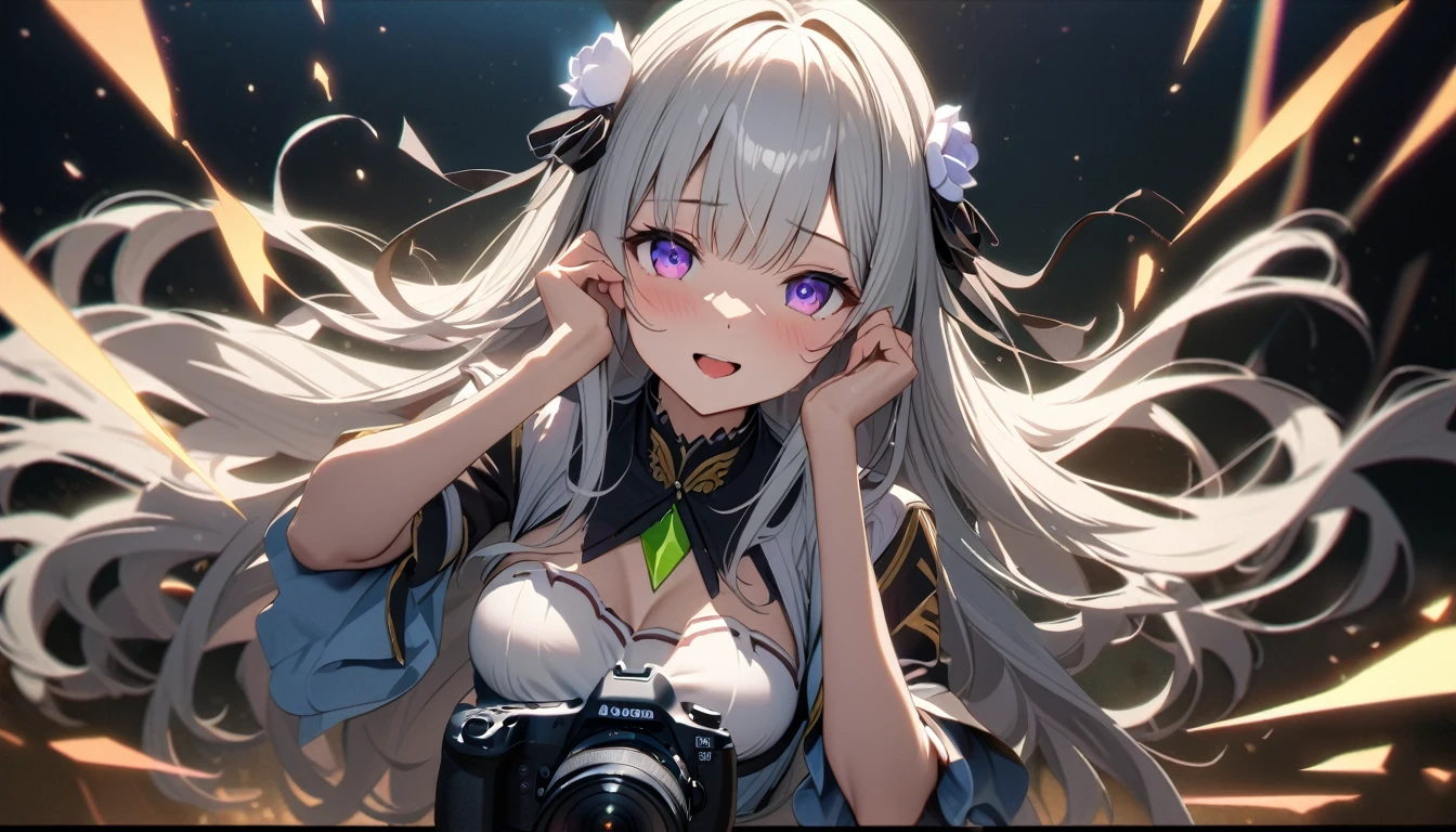 A high resolution, ultra detailed, Emilia, White hair, purple eyes, long hair, Medium breasts, hair flower, X-hair decoration, hair ribbon, White dress, separate collar, wide sleeves, white knee socks, open mouth, smile, yandere trance, yandere, Looking at the viewer, shaded face, hands on your own face, (highly detailed skin: 1.2), 8 k uhd, SLR camera, soft light, high quality, volumetric lighting, Photo, A high resolution 4K, 8 k, blurred background ,aboutбщий эффект представляет собой великолепную смесь фэнтези., chaos and abyss,. close-up, fine quality, Blue eyes , ultra detailed, beautiful and aesthetically pleasing, masterpiece, Best Quality Score, extremely detailed, ray tracing, Medium Body, close-up, High view, particles and hard light, cut corner. depth of field、natural soft light、professional lighting、aboutтличная smile、(highly detailed skin: 1.2)、Photoреалистичный рендер аниме девушки、Bright highlights of the eyes、perfect anatomy、shy、legs spread、Panties visible、Shiny body, oily,))、Разрешение 8 k、complex parts、Toned waist、Wide buttocks、Эффект Тиндаллаmasuter piece、top quality、Highest standards、Highest image quality、table、complex parts、A high resolution、depth of field、natural soft light、professional lighting、about, standing, very long hair, cowboy shot, brilliant, brilliant hair, (night:1.2),Dreamy, [[gentle fingers and hands:0.55]::0.85],(detailed fingers),),(emotional),(breathtaking),(main part:1.2) whole body.), (Anime Style), (Super Detailed), (brutal), (uhd, HDR), (8K), (High Resolution: 1.2), (Complex and Beautiful: 1.2), (Dramatic Lighting: 1.2) , (staring at the viewer), lora:add_detail:1,Tomohiko Ito style