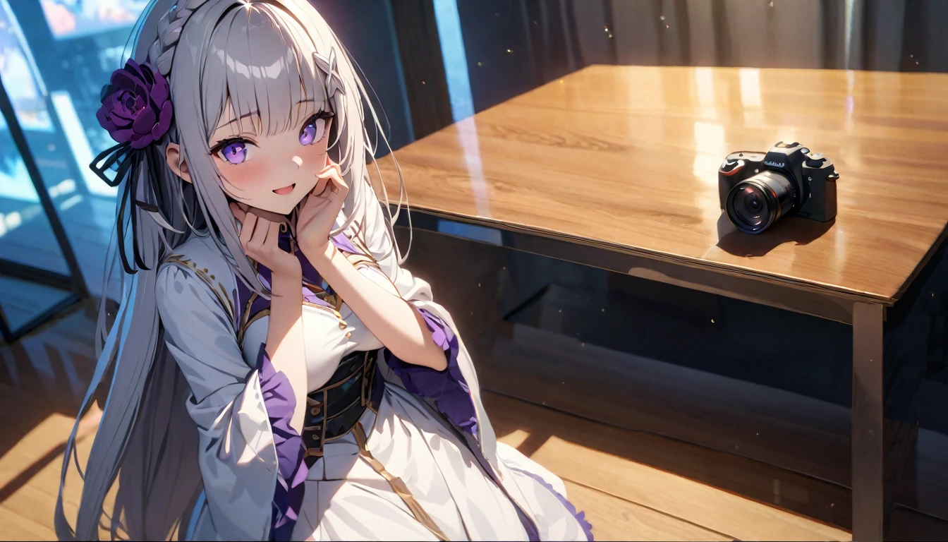 A high resolution, ultra detailed, Emilia, White hair, purple eyes, long hair, Medium breasts, hair flower, X-hair decoration, hair ribbon, White dress, separate collar, wide sleeves, white knee socks, open mouth, smile, yandere trance, yandere, Looking at the viewer, shaded face, hands on your own face, (highly detailed skin: 1.2), 8 k uhd, SLR camera, soft light, high quality, volumetric lighting, Photo, A high resolution 4K, 8 k, blurred background ,aboutбщий эффект представляет собой великолепную смесь фэнтези., chaos and abyss,. close-up, fine quality, Blue eyes , ultra detailed, beautiful and aesthetically pleasing, masterpiece, Best Quality Score, extremely detailed, ray tracing, Medium Body, close-up, High view, particles and hard light, cut corner. depth of field、natural soft light、professional lighting、aboutтличная smile、(highly detailed skin: 1.2)、Photoреалистичный рендер аниме девушки、Bright highlights of the eyes、perfect anatomy、shy、legs spread、Panties visible、Shiny body, oily,))、Разрешение 8 k、complex parts、Toned waist、Wide buttocks、Эффект Тиндаллаmasuter piece、top quality、Highest standards、Highest image quality、table、complex parts、A high resolution、depth of field、natural soft light、professional lighting、about, standing, very long hair, cowboy shot, brilliant, brilliant hair, (night:1.2),Dreamy, [[gentle fingers and hands:0.55]::0.85],(detailed fingers),),(emotional),(breathtaking),(main part:1.2) whole body.), (Anime Style), (Super Detailed), (brutal), (uhd, HDR), (8K), (High Resolution: 1.2), (Complex and Beautiful: 1.2), (Dramatic Lighting: 1.2) , (staring at the viewer), lora:add_detail:1,Tomohiko Ito style
