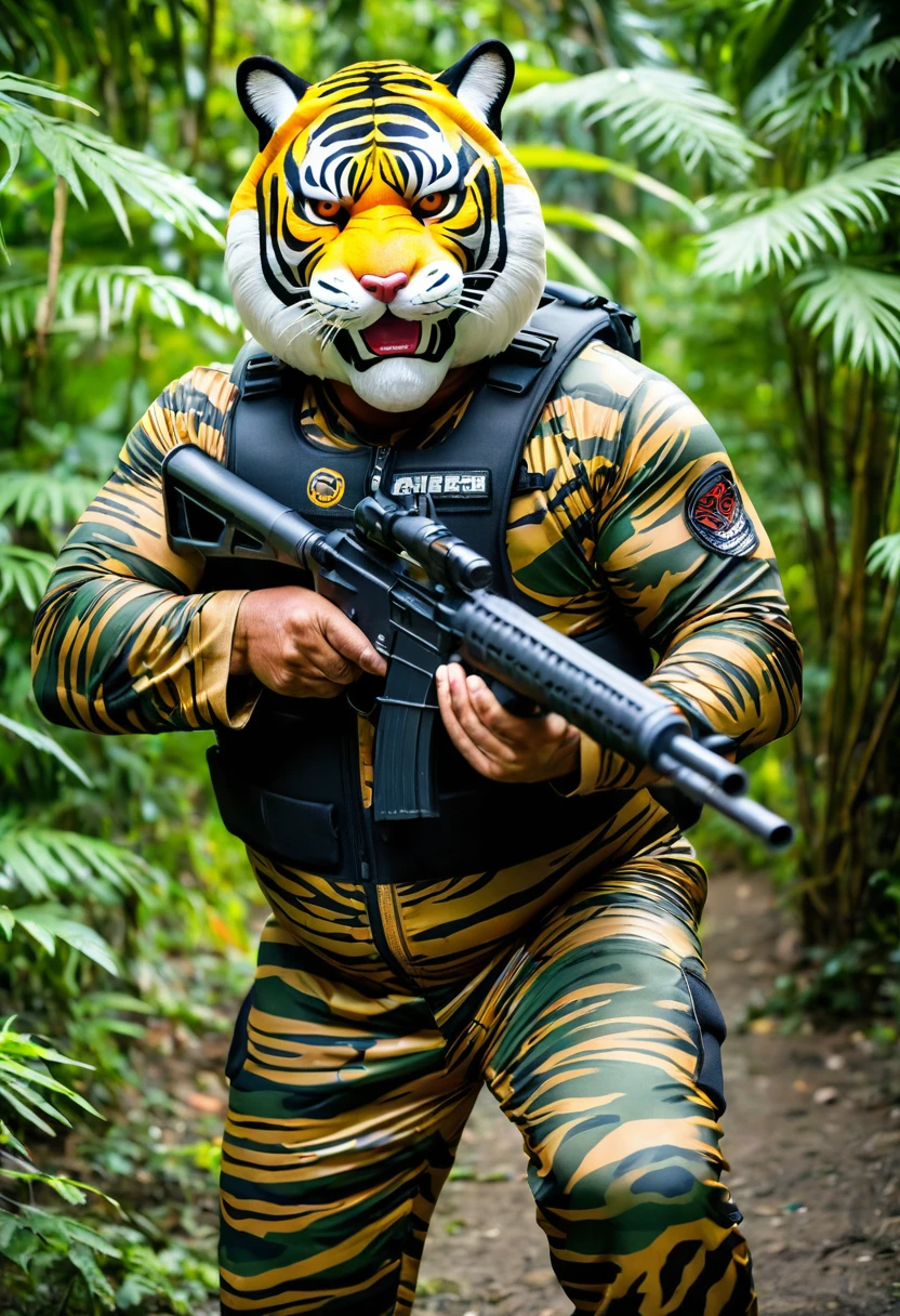 (a dark-skinned fat old man in a bulky camouflage zipper diver suit) shooting with a gun and (wearing roaring siberian tiger mask that show the wearer eyes), muscular, toned muscles, imposing strature, Basuki Abdullah, sumatraism, action, a character portrait, heroic, fierce, snarling, jungle