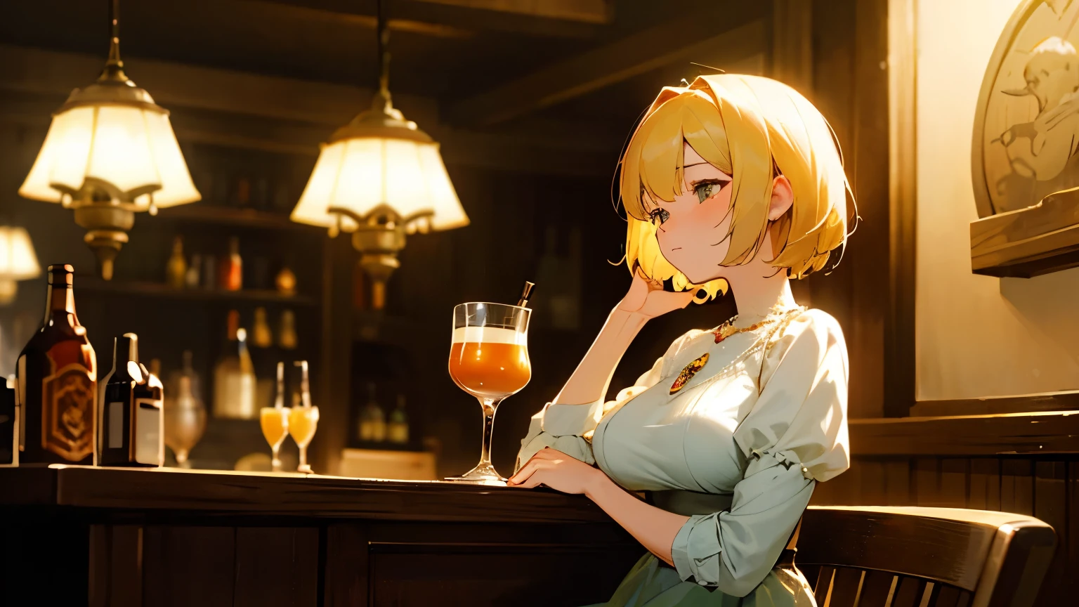 A beautiful and charming adult female character with short blonde hair, looking around 23 years old, large breasts, wearing a natural-colored dress. She has a jewel pendant glowing on her chest. The character is resting her chin on her hands with a melancholic expression. The background is the interior of a tavern illuminated with warm colors. There are wooden furnishings and an old-fashioned atmosphere. A few people are sitting at the bar counter, enjoying their drinks in a relaxed manner. Lamps on the walls emit a warm light. In the distance, a character in armor is visible. On the table, there is a beer mug and scattered coins, enhancing the ambiance. The entire scene has a soft, blurred effect, creating a warm and cozy atmosphere. The illustration is in a high-quality anime style, with ultra HD details.