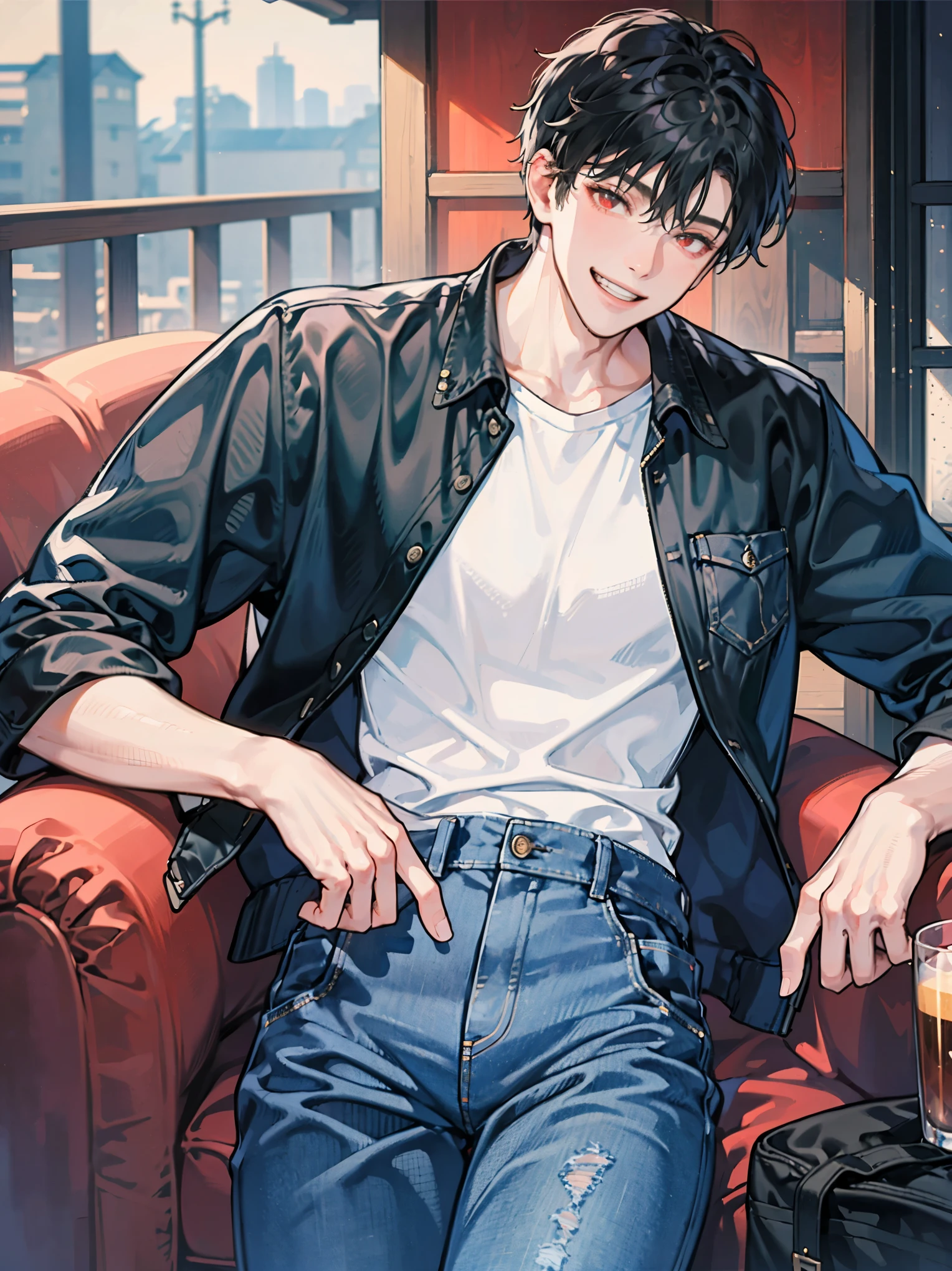 (cowboy shot), (ultra-high resolution, depth of field:1.2), adult, 1male, toned body, short black hair, red eyes, blue denim jacket, black shirt, black denim jeans, grin, Japanese suburbs scenery