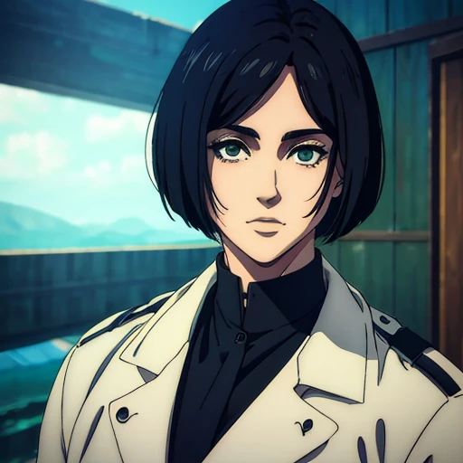 best quality,4k,8k,highres,masterpiece:1.2),ultra-detailed,(realistic,photorealistic,photo-realistic:1.37), a woman, mappa art style, has midnight black hair color, his hair are styled in bob cut , detailed small light green almond-shaped eyes , she looks handsome, she is fair, she is wearing white coat , vibrant color