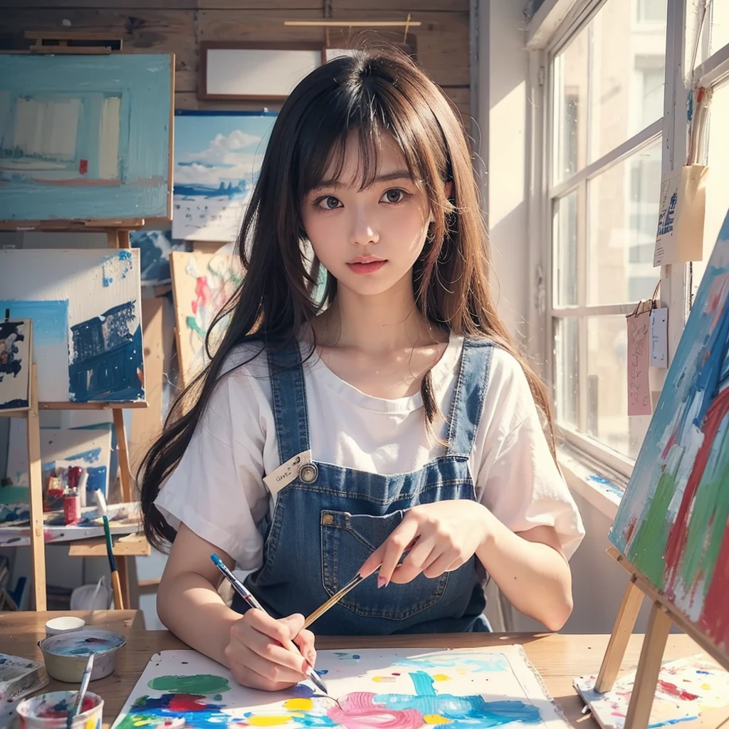 Beautiful Japanese Waifu, early 30s, brunette hair, white shirt, denim apron, painting in a paint workshop