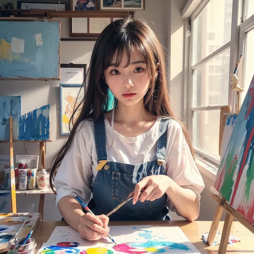 Beautiful Japanese Waifu, early 30s, brunette hair, white shirt, denim apron, painting in a paint workshop 