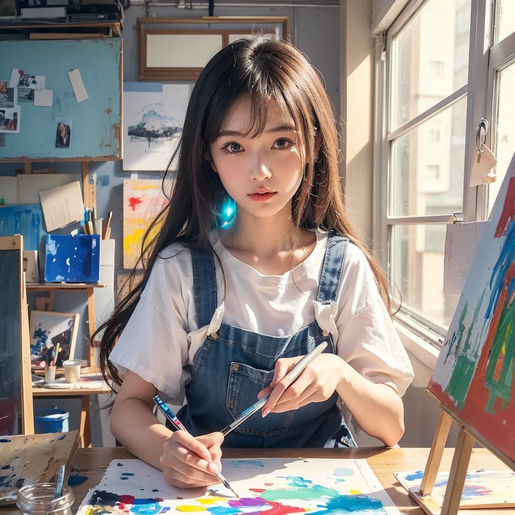 Beautiful Japanese Waifu, early 30s, brunette hair, white shirt, denim apron, painting in a paint workshop