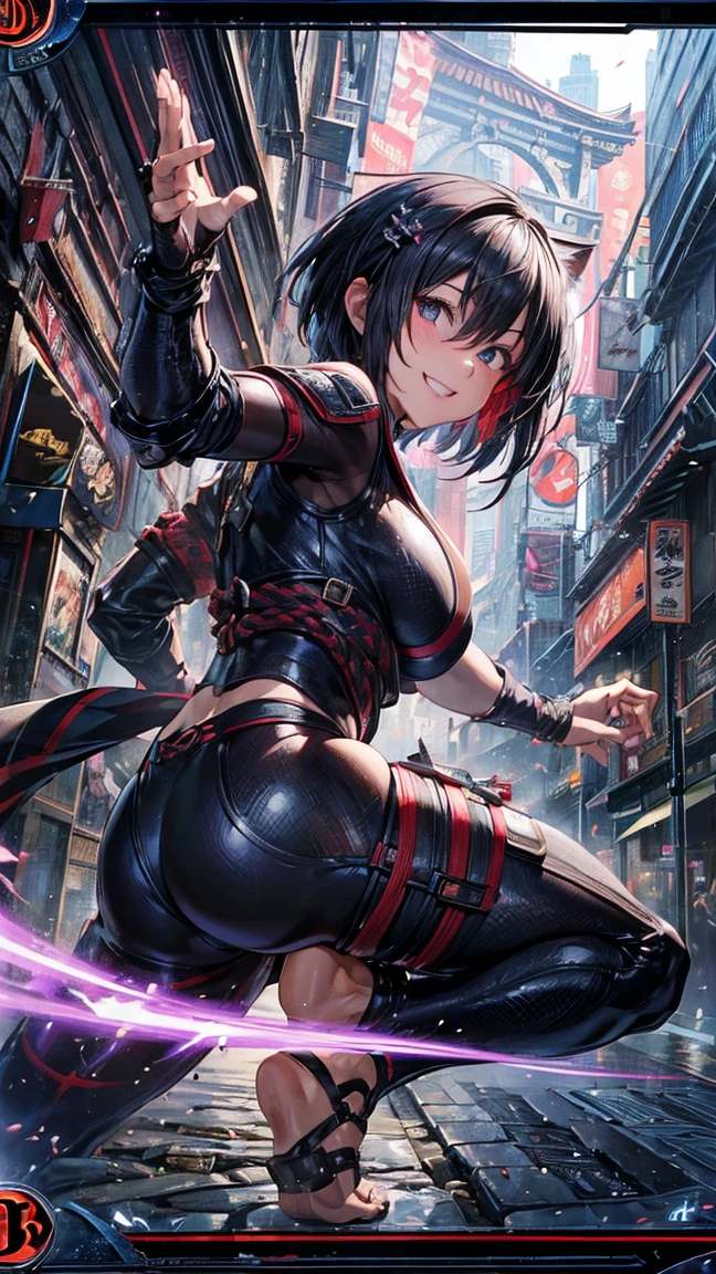 (1 mature female ninja,Age 35), ((Pub,guild)),(smile),Dynamic pose,Dynamic Angle,Pose for a photo,From below,Elderly woman、Trading Card Game Frames、Highest Rare、Five Fingers、Signature mark、Big Butt、Black Hair、Fighting Pose、Ninja costume、Full Body Suit、kunai、Japanese style cyberpunk、A ninja running through a modern city、Short Hair、Fox Mask