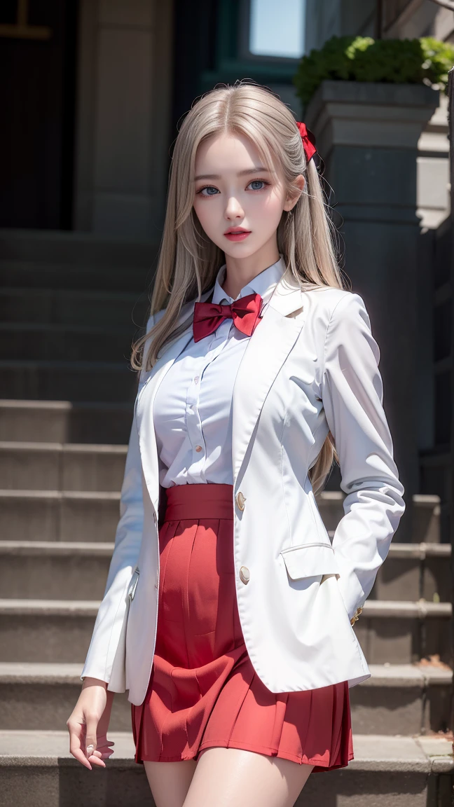 ((A girl standing on the stairs of the school)),top quality work,Real work,Ultra premium graphics,8K HD CG Works,high quality graphics,High-definition CG works,10x pixels,super fine details:1.1,Advanced technical details:1.1Photo-realistic,Natural light:1.5. light effect(virtual light effect:1.8),超A high resolution,shiny red dress,長いsilver hair,silver hair,transparent hair,high detail hair(premium hair detail:1.1)clear eyes,beautiful double eyelids,sharp eye makeup, delicate eyelash makeup, thin eyebrows, highly detailed eyes,high nose, nice red lips, rose cheeks, A face with delicate makeup , cute face, perfectly proportioned face,(Advanced facial details:1.1),shiny,Wonderful dress,bright red series,(white blazer) 、(white blouse)、(red bow tie)、(checked skirt)、、girls 、photo shoot,woman'artwork of,full body figure,Realism,wonderful,My eyes are shining today、(smile),(white panties are visible)
