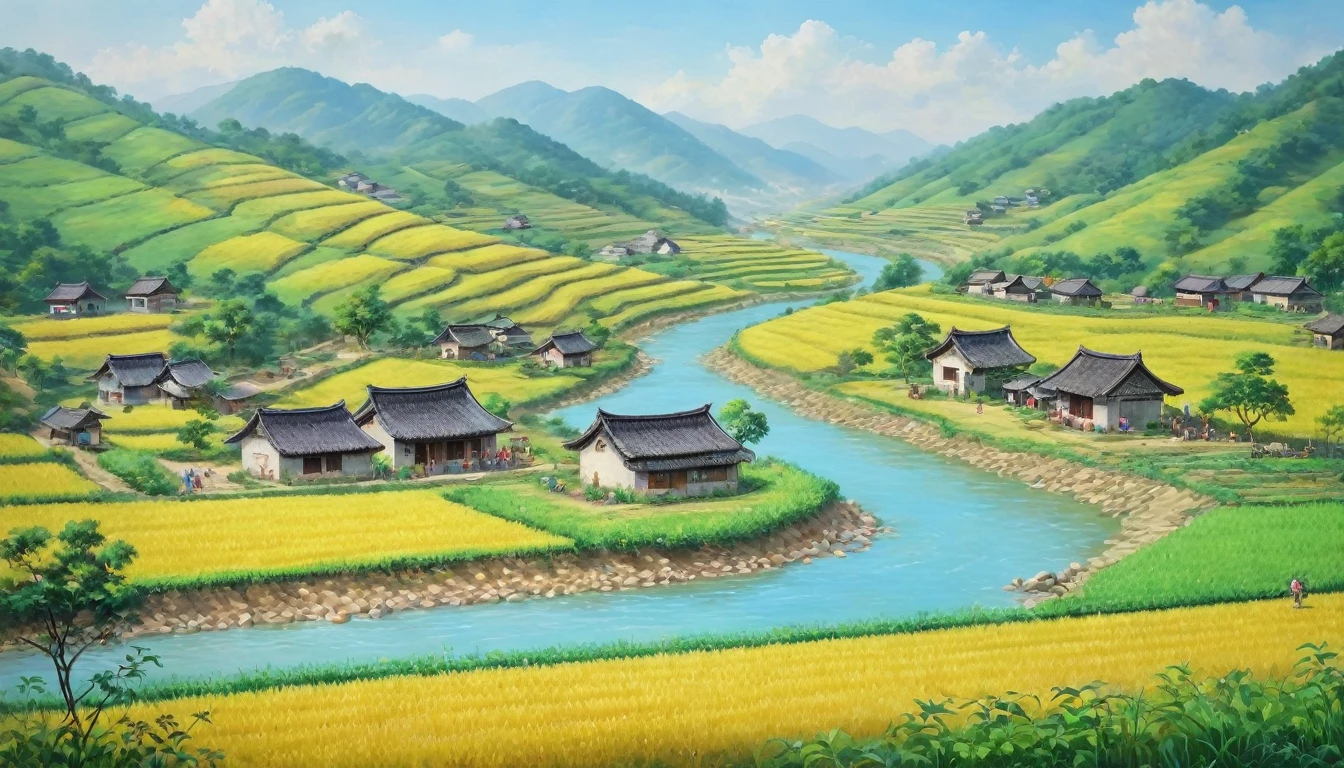 A rural village A small village spread out among the hills。Stone house々dotted with、The fields are ripe with abundant crops。The villagers live their daily lives peacefully.、Children are playing in the nearby river.。pastel、Oil painting style
