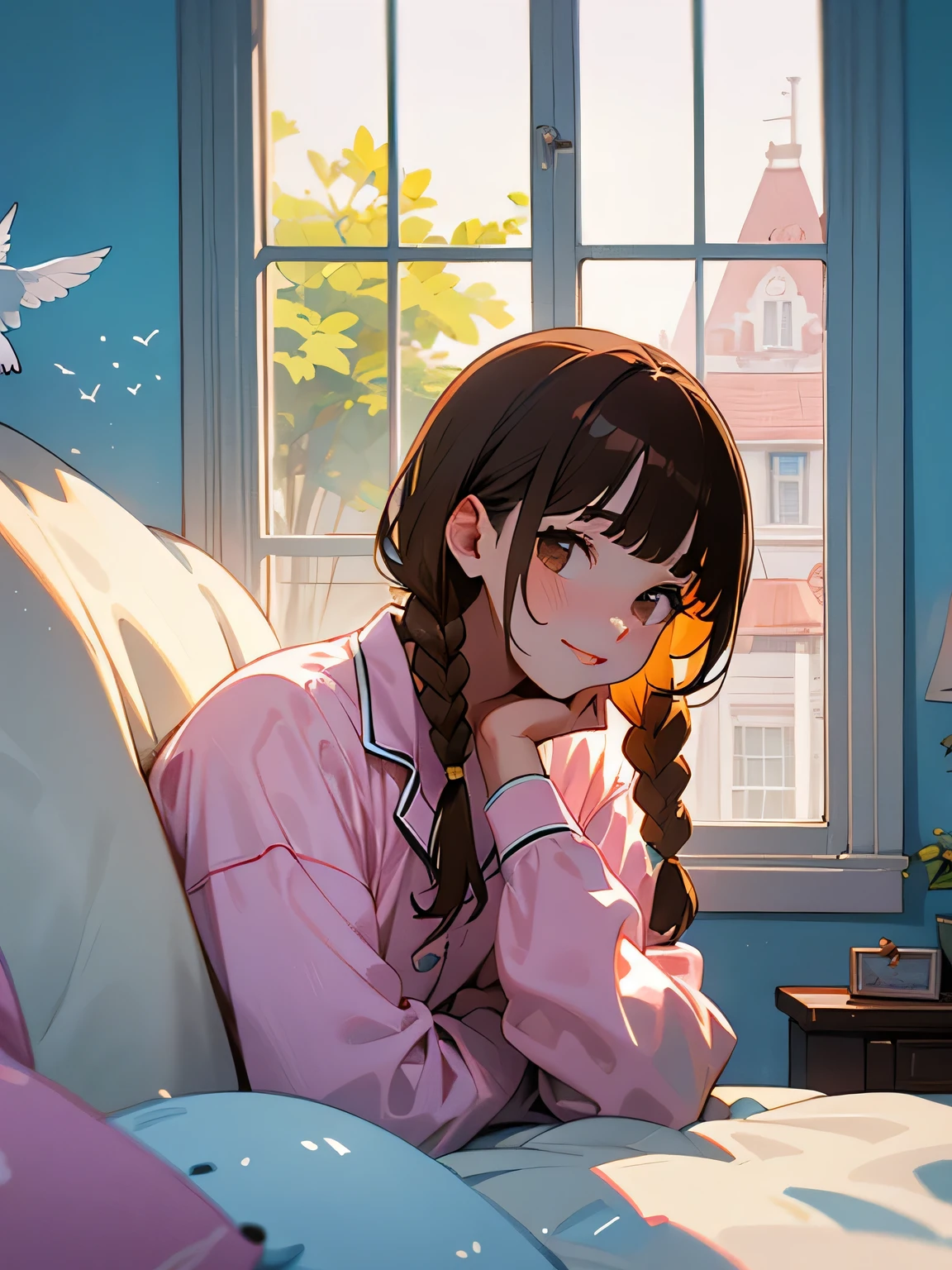 solo, deep honey brown color braids hairstyle, (blunt bangs), handsome face smile, white skin, pink lips, cream pajamas, melancholy expression, looking out the window, my room, bed, blue sky visible from the window and white bird,