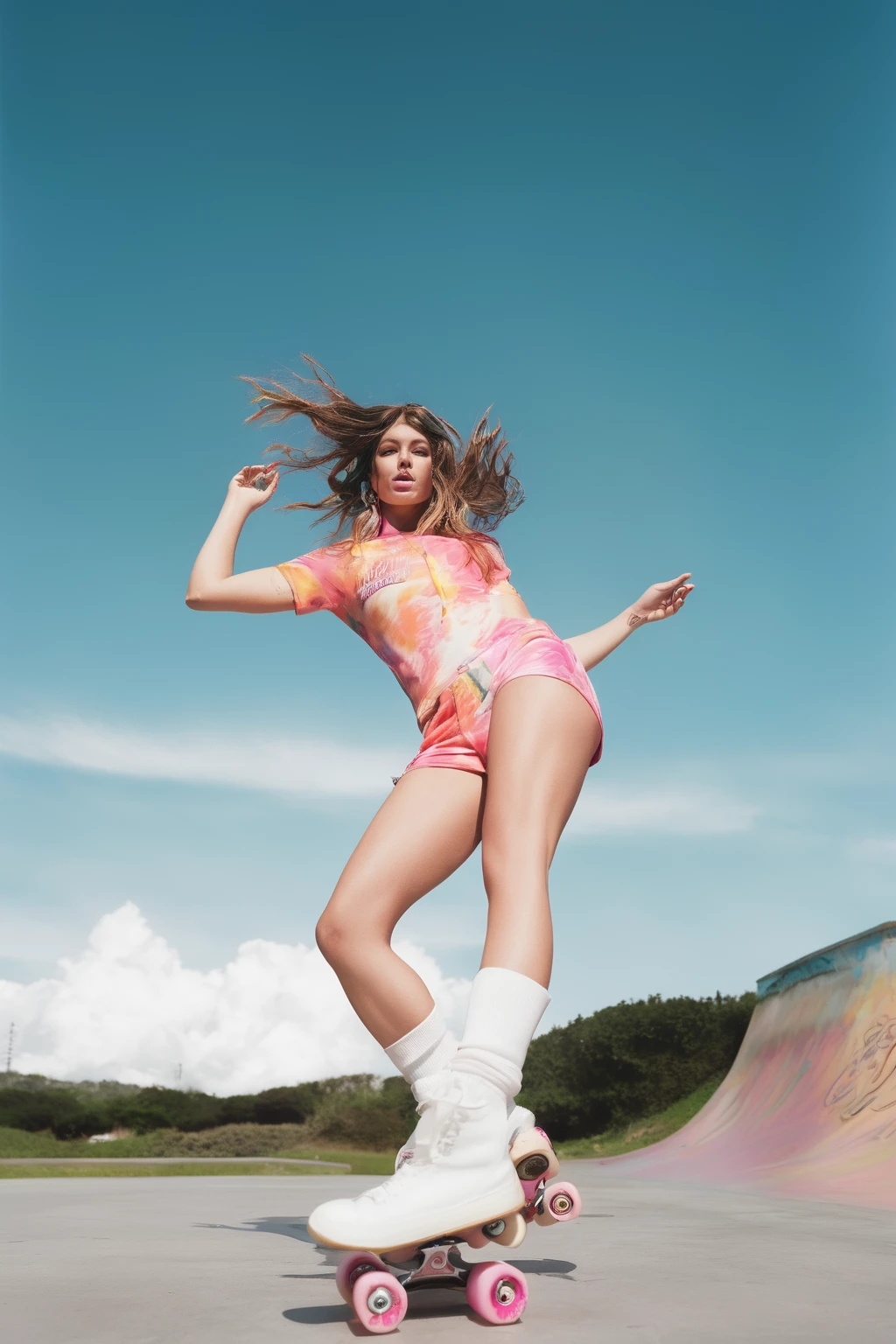 there is a woman riding a skateboard on a ramp, athletic fashion photography, fashion editorial photography, editorial fashion photography, modeling photography, inspired by David LaChapelle, fashion shoot 8k, alana fletcher, editorial photography, by Wayne England, fashion shoot, psychedelic swimsuit, slow motion fashion, 4k fashion shoot, asuka as a surfer model, photoshoot