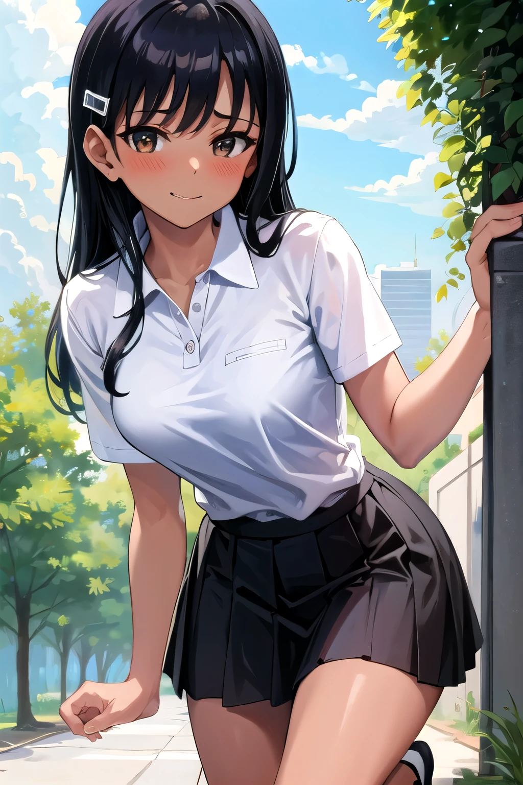 ((best quality)), ((masterpiece)), (details), one girl, sexy ((best quality)), ((masterpiece)), (details), one girl, sexy ((best quality)), ((masterpiece)), (details), one girl, full body,it's_nagatoro_main, Nagatoro Hayase, one girl, blushing, one person, uniform white polo shirt, black hair, brown eyes, hair accessory, looking at viewer, hair clip, smiling, long hair, dark skinned woman, dark skin, , bangs, daytime, skirt, collared shirt, collarbone, ear clip, mouth closed, tree, asymmetrical bangs, upper body