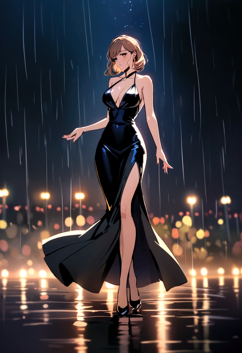 beautiful milf dancing in the rain at night park, fully clothed, luxury high-neck dress, full body shot