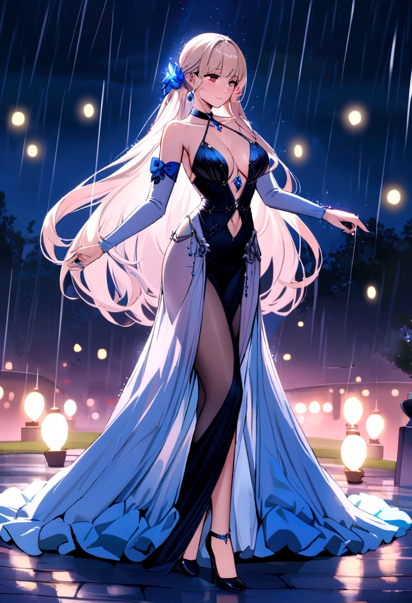 beautiful milf dancing in the rain at night park, fully clothed, luxury high-neck dress, full body shot