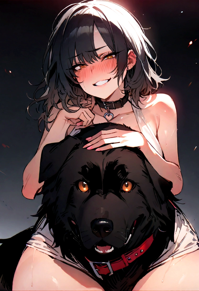 masterpiece, best quality, 1 Korean girl, deep blush, grin, black dog collar with a hart shape, looking at viewer