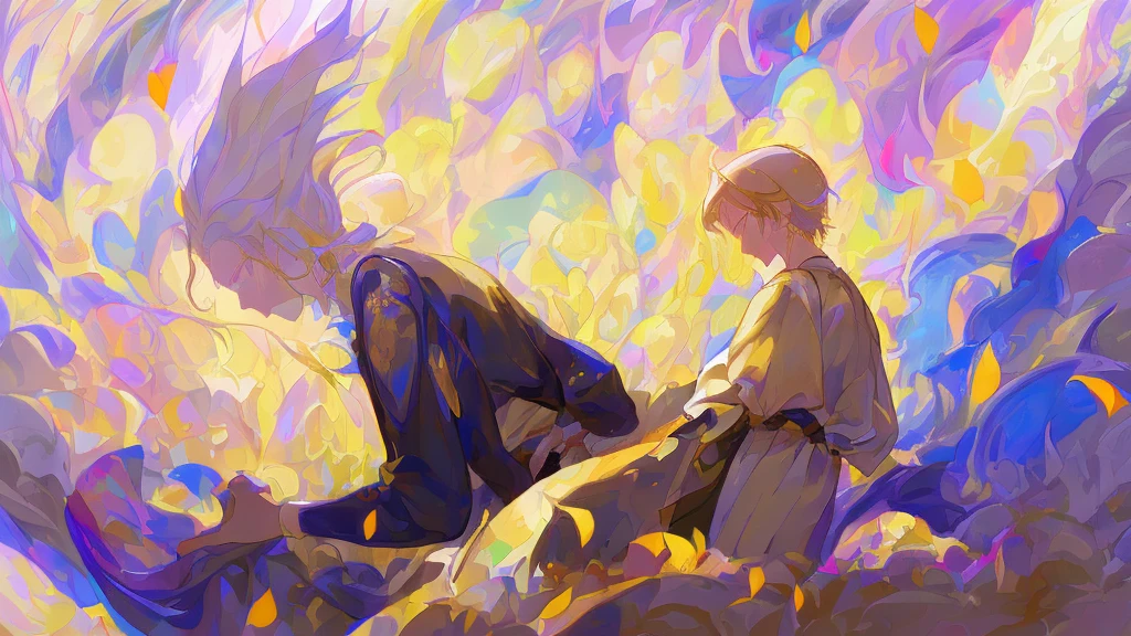 ((8k, masterpiece, high quality)) magazine poster, 1boy, young boy, young male, solo, blonde hair, light yellow hair, shoulder-length hair, blue eyes, expressive eyes, sad expression, white plain shirt, white pants, no shoes, sitting in dungeon room, forearms on knees, wrist and ankle shackles, monotone room, 3/4 from up view, 3/4 from up angle, watercolor painting, highly detailed, digital photography, artistic germ, Chia Nguyen and Greg Rutkoski's Surrealist Paintings of Golden Butterflies, shattered glass, manga style, manhwa style