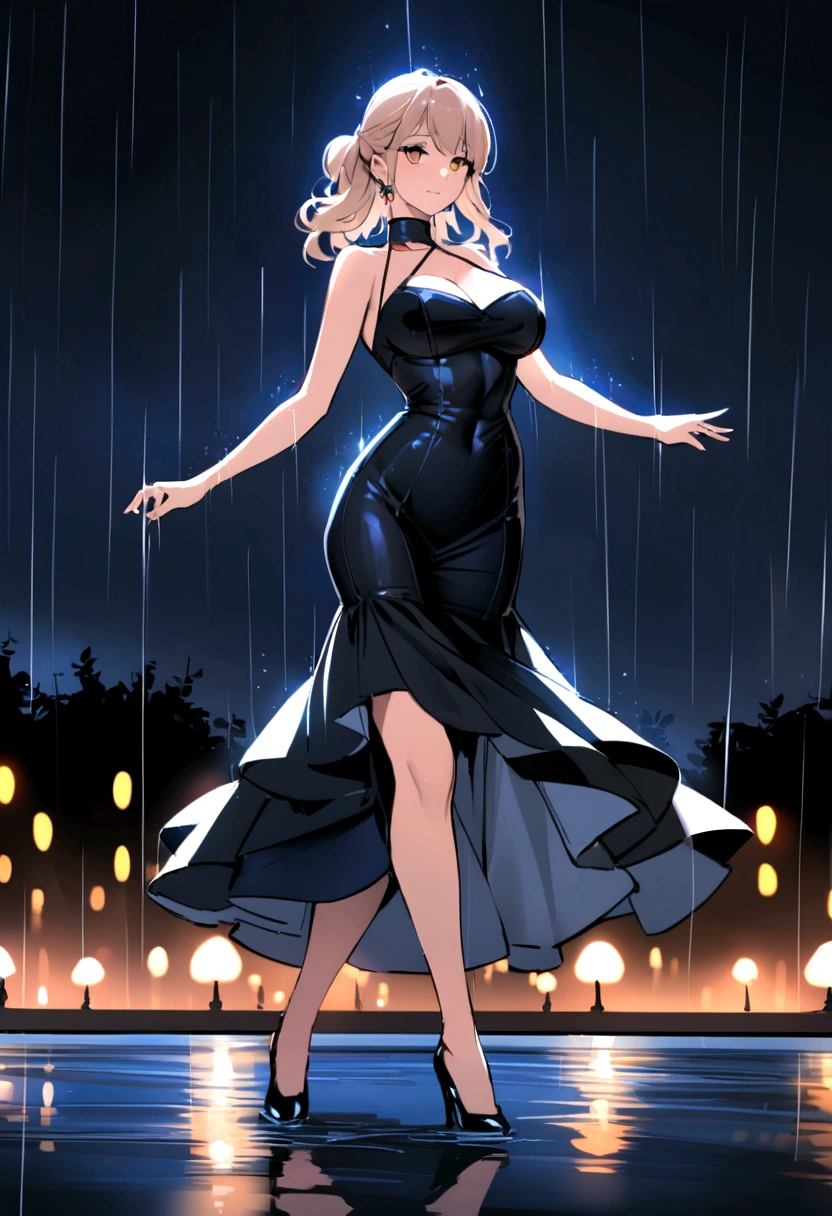 beautiful milf dancing in the rain at night park, fully clothed, luxury high-neck dress, full body shot