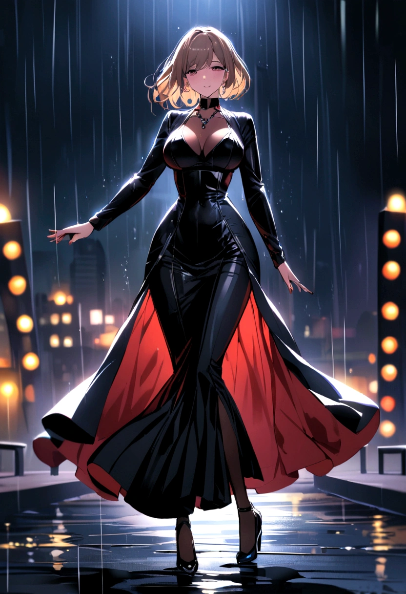 beautiful milf dancing in the rain at night park, fully clothed, luxury high-neck dress, full body shot