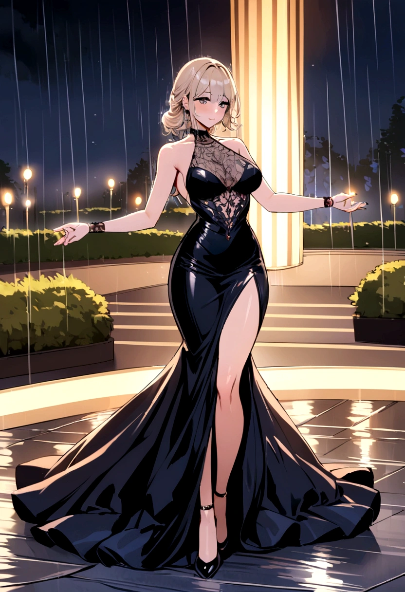 beautiful milf dancing in the rain at night park, fully clothed, luxury high-neck dress, full body shot