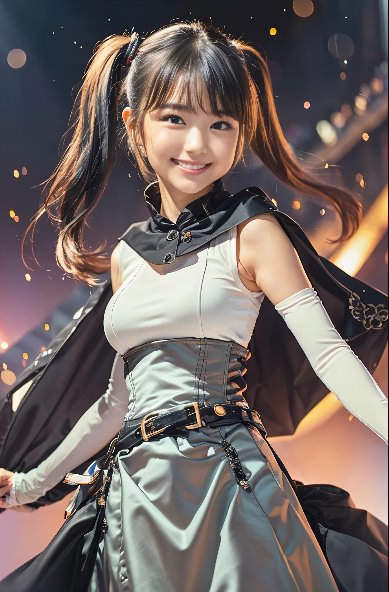 （8K、Raw photography、Highest quality、masterpiece：1.2),(Black Hair、Dark Eyes:1.9),(:1.6)、View your audience,Viewed from the front,White skin,(Twin tails:1.4)、(Tight waist:1.6)、(Clothes that accentuate the shape of the breasts:1.0)、(Big Breasts :1.3)、Slim figure、Ultra-high resolution,beautiful,beautiful fece,(One person、No background:1.9),whole bodyボディー,Japanese women,（reality的：1.37）、Photon Mapping,reality、(Baby-faced and cute: 1.4)、(Cute Smile: 1.8)、(Round face: 1.8)、Radio City、Physically Based Rendering、Depth of field rally background、photograph, (I can see your knees、Thigh close-up:1.8),（:1.6）,whole body、Great quality