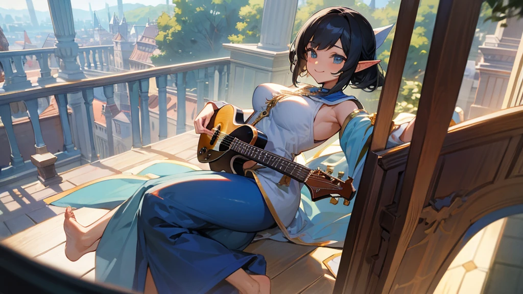 Anime Style,Detailed background,Magical World,A lively balcony with many people,A beautiful elf bard with black hair and a smile,guitar,Large Breasts,Healthy thighs,Underarm,Barefoot