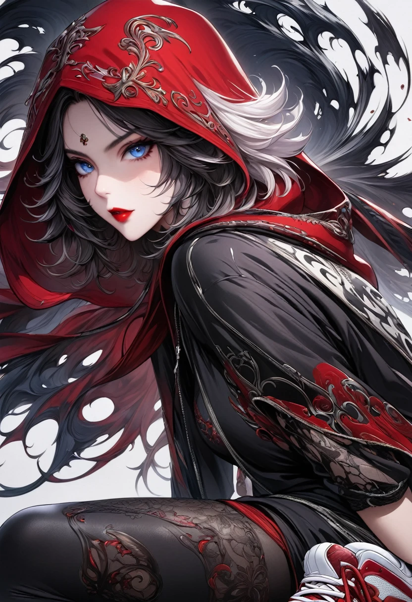 Ashhad style,Extremely detailed,high resolution,Intricate details,(best quality:1.2),(masterpiece:1.2),Extremely detailed CG unity 8k wallpaper,illustration,The original, Delicate face, 1 Girl,White short hair, blue eyes, Mature:1.2, Long red and black fabric hoodie , Black leggings, Red Hood:1.2, Red lips, Red makeup, White running shoes, White background