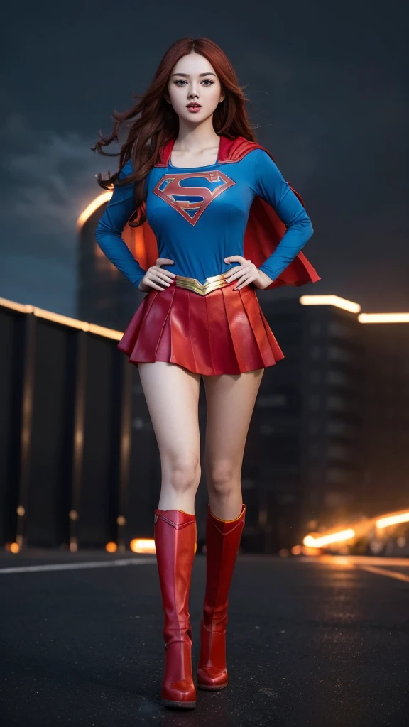 (masterpiece), (best quality), (ultra detailed), (epic lights details), 1girl, red eyes, red hair, full makeups, red lips, hair blown by strong winds, she is a Supergirl, tight Supergirl suit, no skirt, red cape blown by winds, full body, symmetrical pose, model posing in the middle, metropolis city,