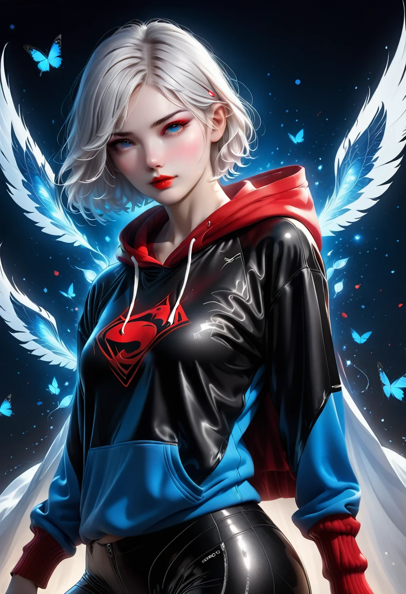 Ashhad style,Extremely detailed,high resolution,Intricate details,(best quality:1.2),(masterpiece:1.2),Extremely detailed CG unity 8k wallpaper,illustration,The original, Delicate face, 1 Girl,White short hair, blue eyes, Mature:1.2, Long red and black fabric hoodie , Black leggings, Red Hood:1.2, Red lips, Red makeup, White running shoes, White background