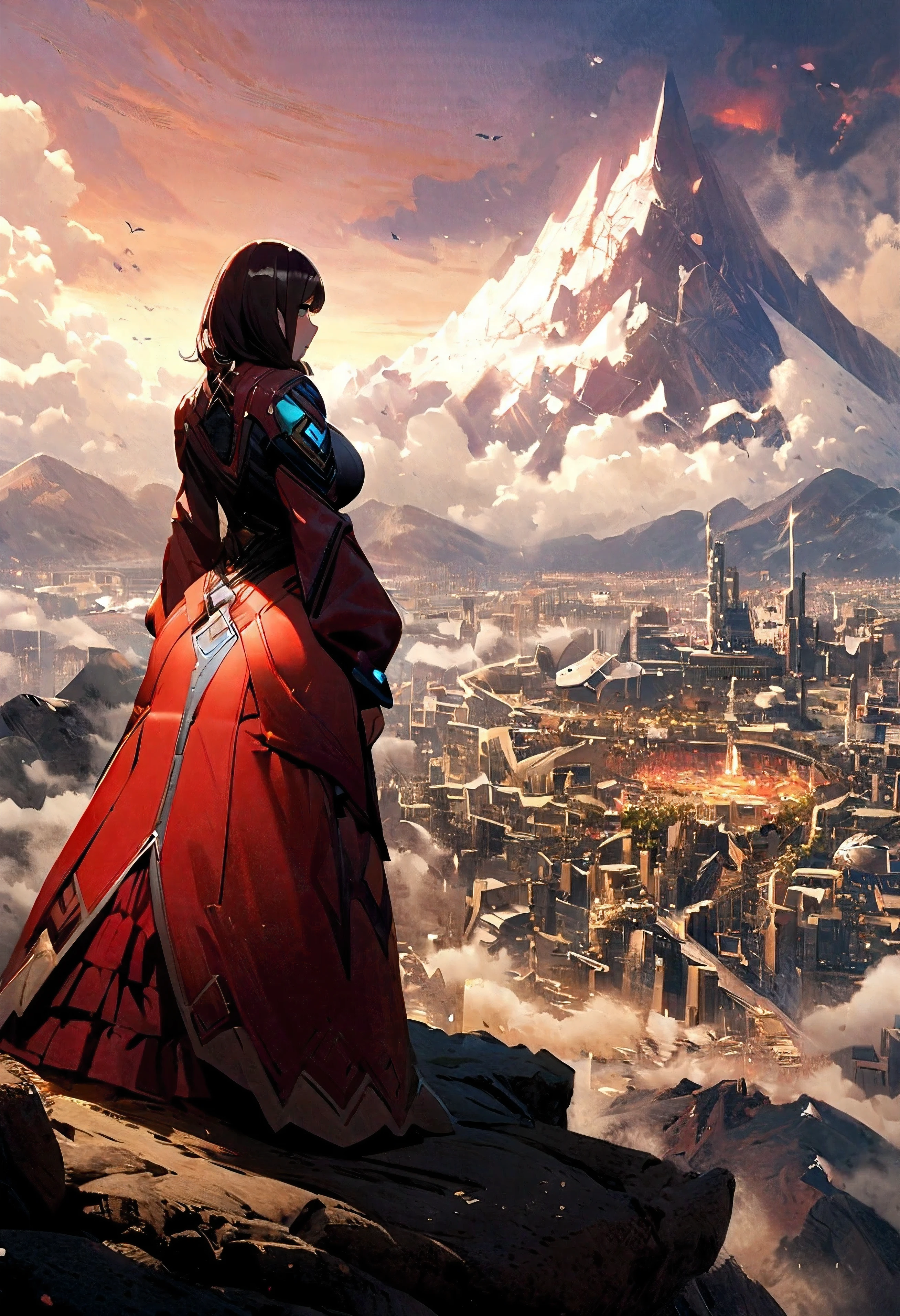 A standing beside of a Cute big ass busty milf in full clothes enjoying the view of a Big developed city with advance technology located around a mysterious mountain