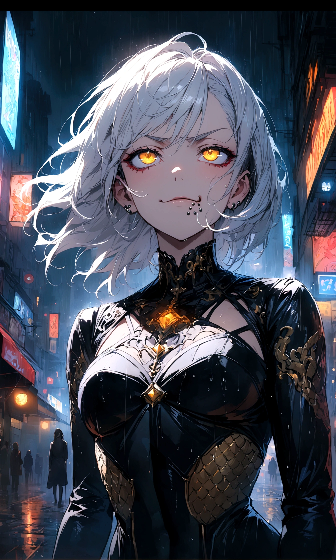 anime women, dark outfit with red and blue details, white hair, (golden dragon eyes) standing in a rain soaked, city street at night, cinematic lighting (best quality:1.2)detailed, neon lights, vivid colors,bokeh, angry looking face with smirk on mouth, piercing, ABS, (looking up), ((face piercing)), gaze, 4k, particles in the air, powers, amazing art work full of details