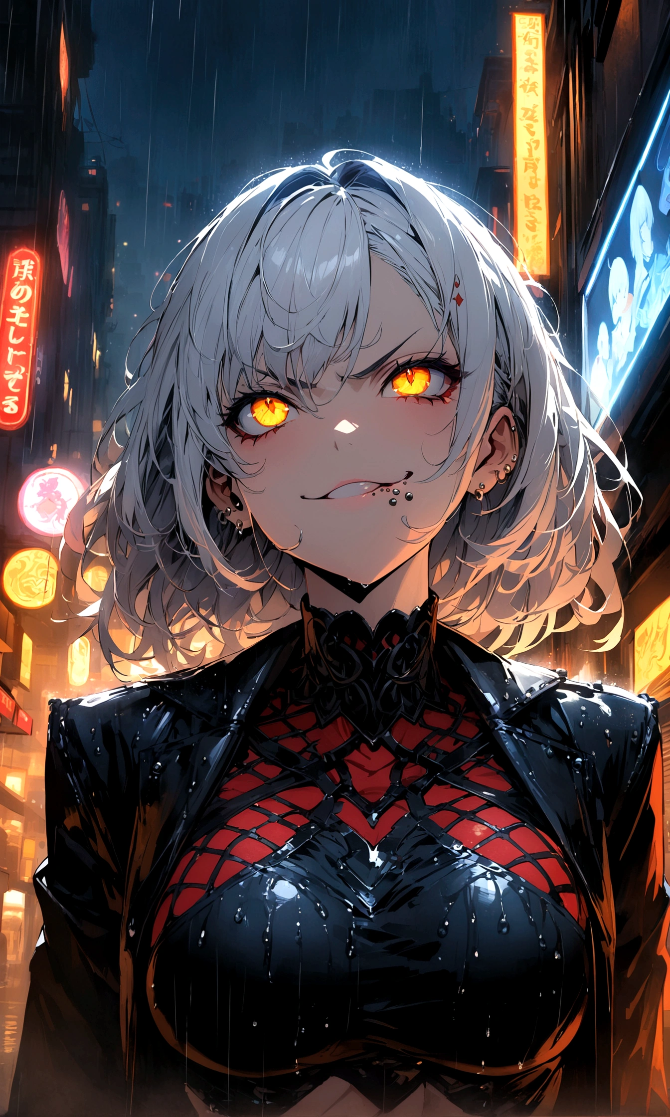 anime women, dark outfit with red and blue details, white hair, (golden dragon eyes) standing in a rain soaked, city street at night, cinematic lighting (best quality:1.2)detailed, neon lights, vivid colors,bokeh, angry looking face with smirk on mouth, piercing, ABS, (looking up), ((face piercing)), gaze, 4k, particles in the air, powers, amazing art work full of details
