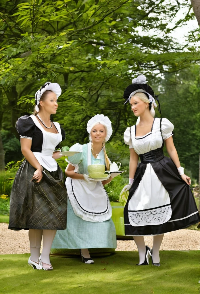 (best quality, masterpiece, highres:1.2), detailed, Preparations for the tea party, three ladies with bog in Maid Outfits, working busily but gracefully,