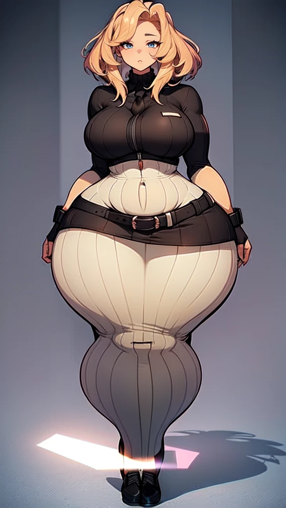 blank background, (((full body))), (masterpiece), ((best quality)), ((tall girl)), straight hair (curvy:1.7), (short skirt), shoes, belt below navel, ginger hair,, (black suit and tie), wide hips