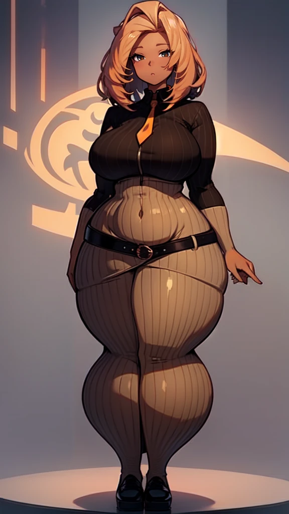 blank background, (((full body))), (masterpiece), ((best quality)), ((tall girl)), straight hair (curvy:1.7), (short skirt), shoes, belt below navel, ginger hair,, (black suit and tie), wide hips