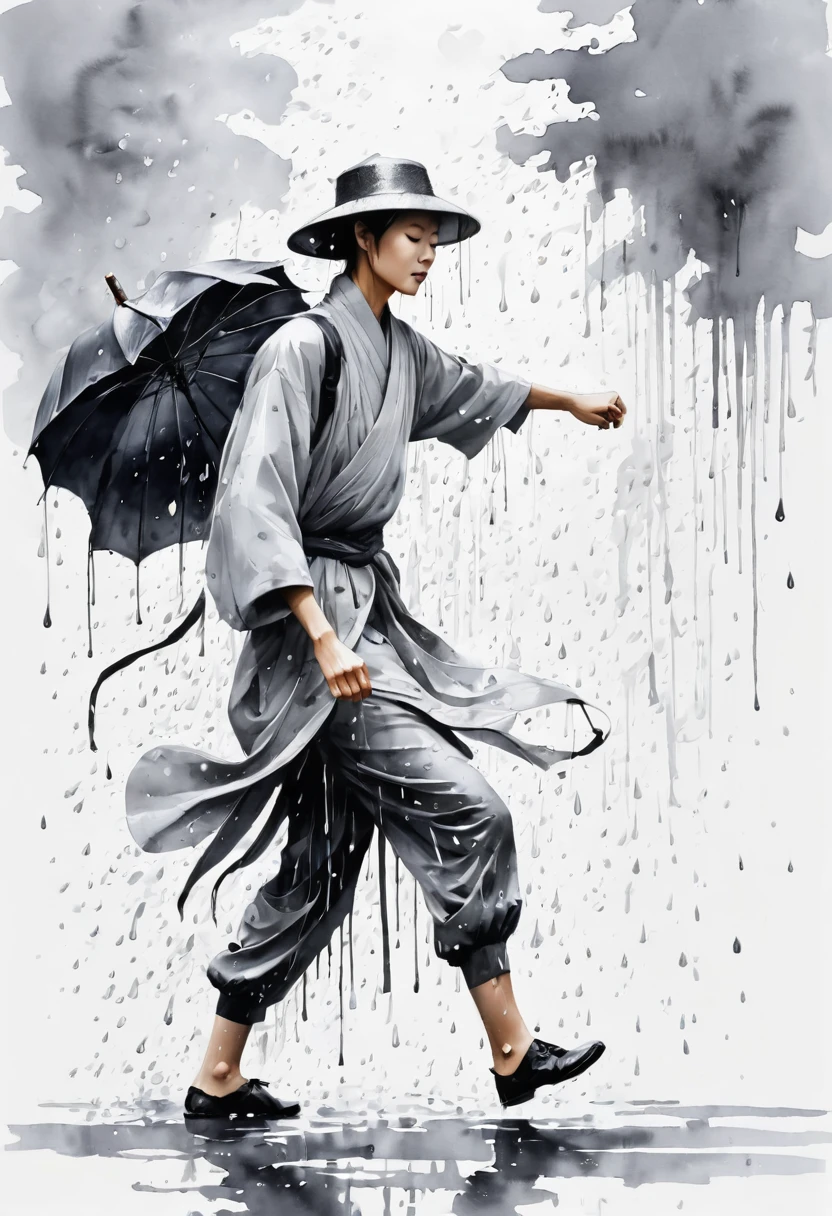 中国Ink Painting, Gray and White, Minimum,White background,The Trail, Minimalism, Huge negative space, Ink Painting, Abstract,heavy rain,A person dancing in the rain