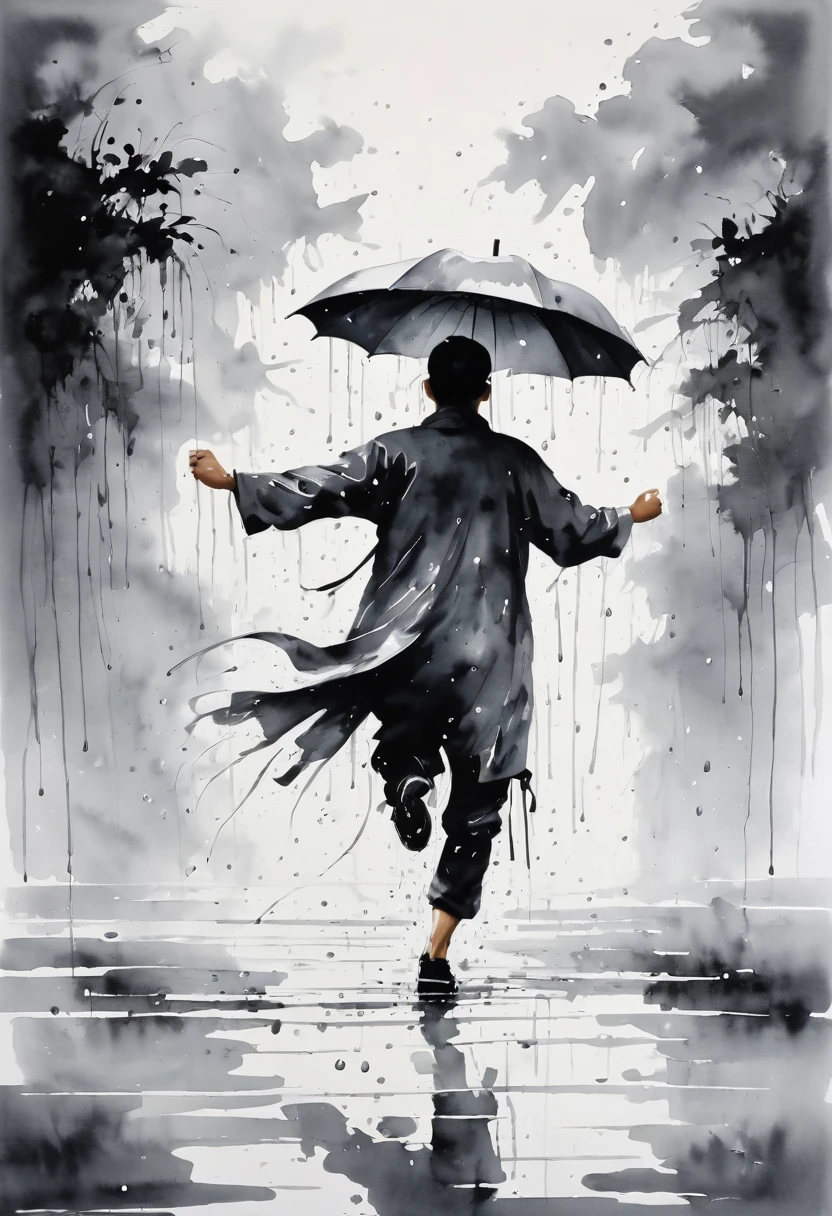 中国Ink Painting, Gray and White, Minimum,White background,The Trail, Minimalism,  Huge negative space, Ink Painting, Abstract，heavy rain，A person dancing in the rain