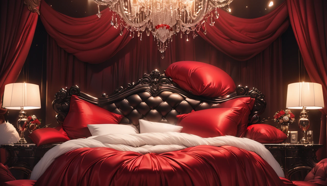 A fluffy red silk feather duvet, many huge silk body pillows, a luxurious and fluffy red silk bed, red silk sheets, 8k, best quality, high detailed, photorealistic, dramatic lighting, warm tones, luxurious, soft, plush, velvet, satin, velvety textures, elegant, sophisticated, premium, lavish, opulent, sumptuous, indulgent, exquisite, refined, lush, 